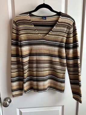 High Sierra Striped V-Neck Sweater in Tan, Brown, Cream, Black